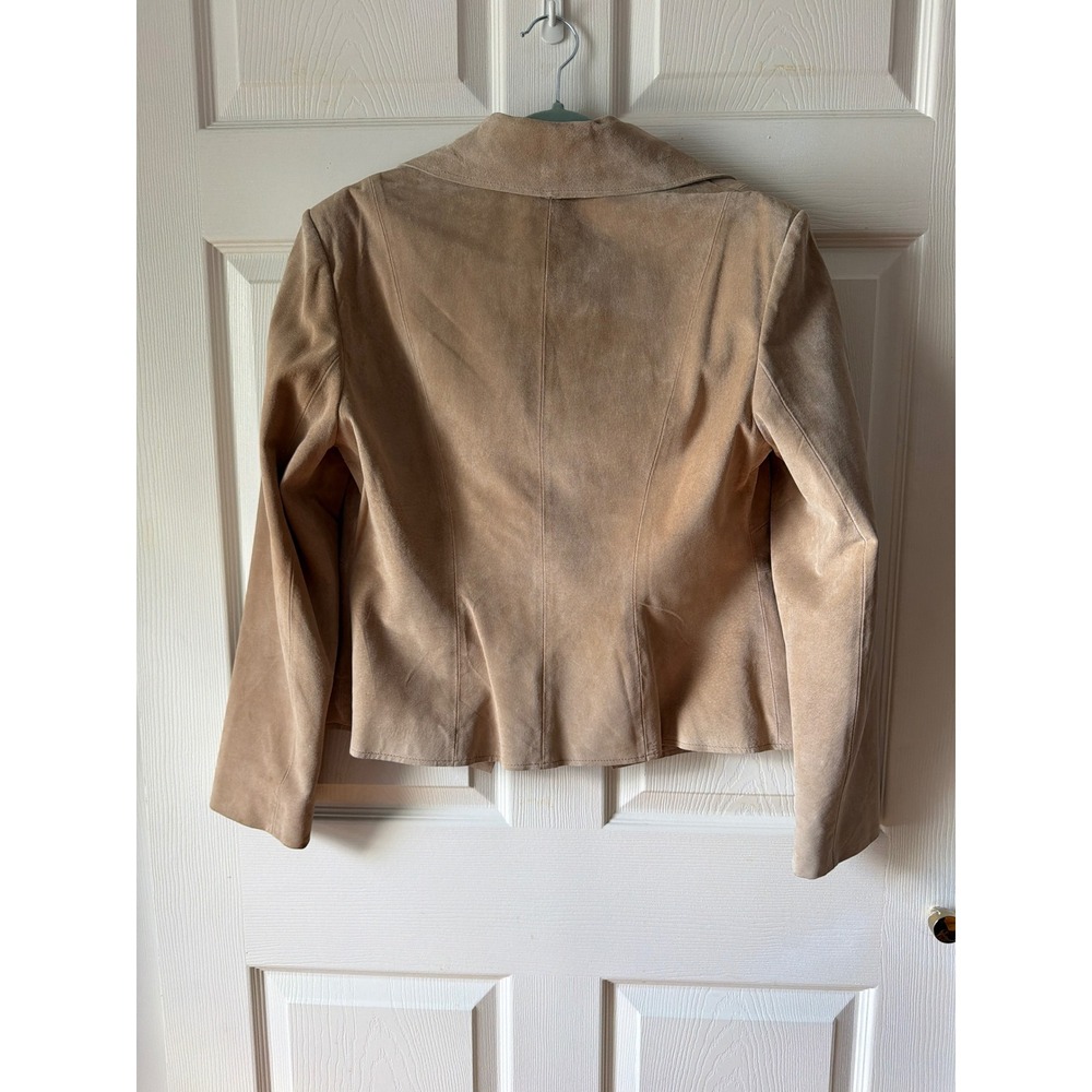 AK Anne Klein Suede Leather Blazer L Tan Single Button Professional structured